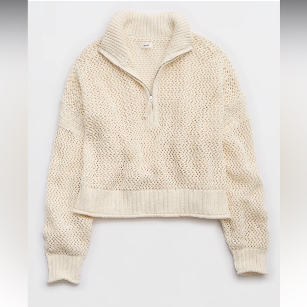 Cropped Cream Half-Zip Turtleneck Sweater